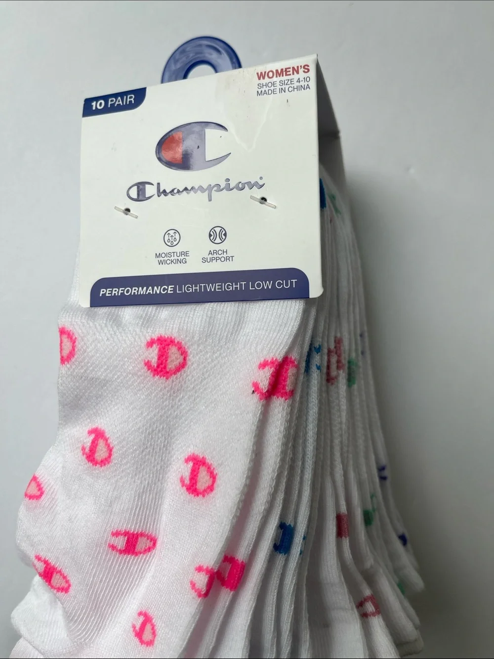 10 Pair Champion White/Multicolor Logo Lightweight‎ Low Cut Socks NWT